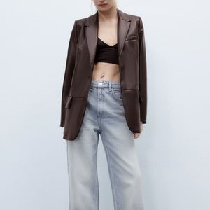 Faux leather menwear style blazer dark brown